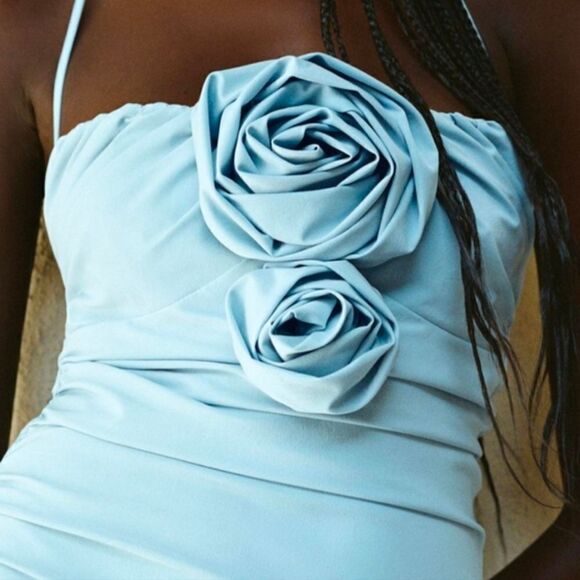 ZARA ZARA RAISED FLOWER STRAPLESS HALTER DRESS BLUE M  NWT - Picture 3 of 11
